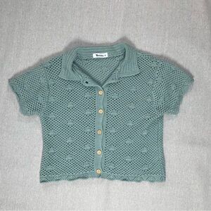 Vernacular | Short Blue-Green Sleeve Button Down Open-Knit Top | Medium